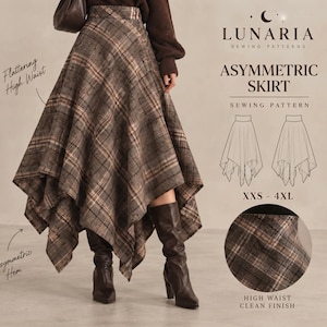 May include: A brown and grey plaid skirt with an asymmetric hem and high waist. The text reads LUNARIA SEWING PATTERNS ASYMMETRIC SKIRT SEWING PATTERN XXS - 4XL, Flattering High Waist, Asymmetric Hem, and High Waist Clean Finish.
