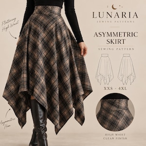 Op de afbeelding: Een rok met hoge taille en een asymmetrische zoom in een bruin, zwart en beige ruitpatroon. De afbeelding bevat de tekst: LUNARIA SEWING PATTERNS, ASYMMETRIC SKIRT, SEWING PATTERN, XXS - 4XL, Flattering High Waist, Asymmetric Hem, High Waist Clean Finish.