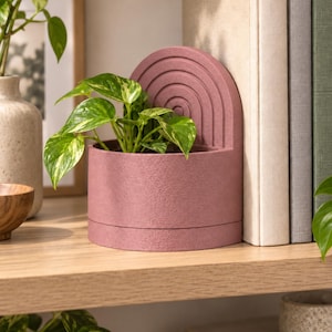 May include: A dusty rose-colored planter with a semi-circular back panel featuring a raised rainbow arch design. The cylindrical base holds a small green and yellow variegated pothos plant, showcasing a textured matte finish on the exterior surface.