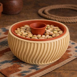 May include: A beige and terracotta-colored serving bowl filled with pistachios. The bowl has a ridged exterior and a small, central terracotta-colored cup. It sits on a patterned rug.