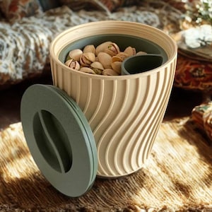 Può includere: Una ciotola per pistacchi beige e verde con coperchio. La ciotola ha un design ondulato unico ed è piena di pistacchi. Il coperchio è verde oliva e si trova accanto alla ciotola su un tappetino intrecciato. È un oggetto decorativo.