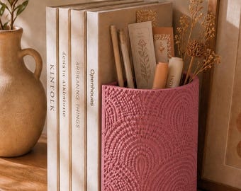 Textured Boho Bookend with Pen Cup | 3D Printed Shelf Decor, Office Organizer