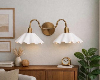 Mid Century Modern Brass Double Sconce, White Scalloped Shade Wall Lamp