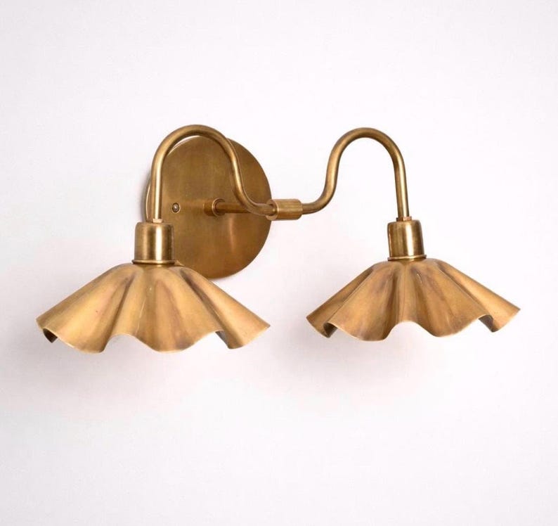 Handcrafted Brass Double Wall Sconce, Vintage Shade Vanity ,hardwire & plug-in image 2