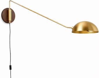 Mid Century Modern Brass Swing Arm Sconce, Wooden Backplate, Plug-In Reading Light