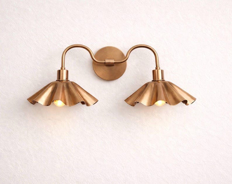 Handcrafted Brass Double Wall Sconce, Vintage Shade Vanity ,hardwire & plug-in image 4