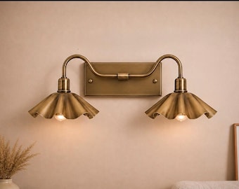 Handcrafted Brass Double Wall Sconce, Vintage Shade Vanity ,hardwire & plug-in