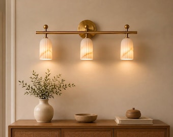 Modern Brass 3 Light Vanity Light, Alabaster Wall Sconce, Mid Century Bathroom Vanity Lighting, Luxury Brass Wall Lamp