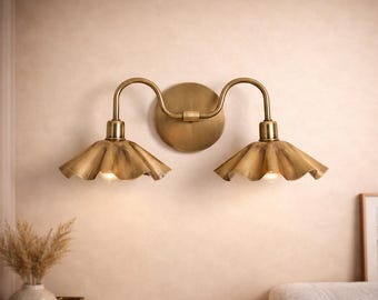 Handcrafted Brass Double Wall Sconce, Vintage Shade Vanity ,hardwire & plug-in