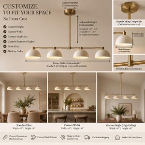 May include: A linear brass chandelier featuring four white dome-shaped shades. The fixture includes a 5-inch canopy, adjustable height from 12 to 40 inches, and a standard width of 48 inches. The design is customizable for height, width, and shade size.