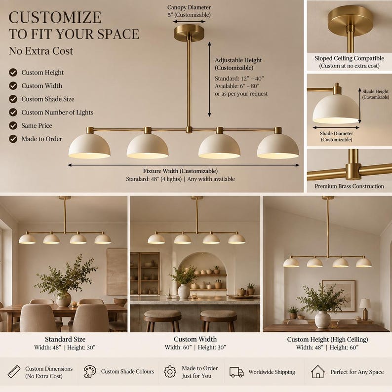 May include: A linear brass chandelier featuring four white dome-shaped shades. The fixture includes a 5-inch canopy, adjustable height from 12 to 40 inches, and a standard width of 48 inches. The design is customizable for height, width, and shade size.