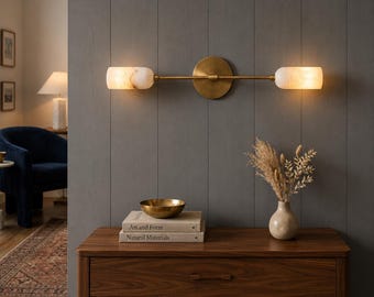 Handcrafted Alabaster Brass Sconce, Mid-Century Modern Double Wall Light Fixture