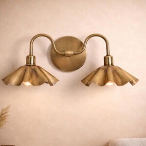 Handcrafted Brass Double Wall Sconce, Vintage Shade Vanity ,hardwire & plug-in image 3