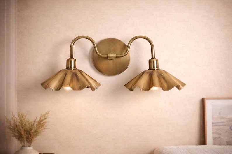 Handcrafted Brass Double Wall Sconce, Vintage Shade Vanity ,hardwire & plug-in image 3