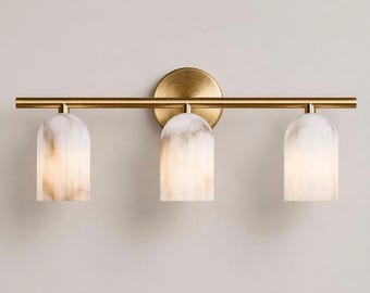 Alabaster Brass Vanity Light | 3-Light Mid Century Modern Sconce, Stone Shade Fixture