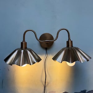 Handcrafted Brass Double Wall Sconce, Vintage Shade Vanity ,hardwire & plug-in image 14