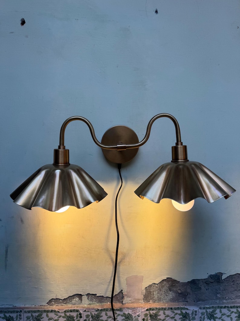 Handcrafted Brass Double Wall Sconce, Vintage Shade Vanity ,hardwire & plug-in image 14