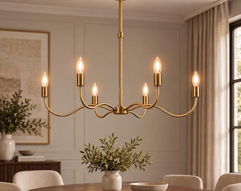 6 Light Brass Chandelier | Modern Dining Room Chandelier | Handmade Brass Ceiling Light | Mid Century Pendant Lighting