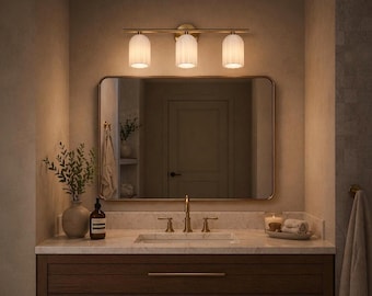 Alabaster Brass Vanity Light | 3-Light Mid Century Modern Sconce, Natural Stone Shade