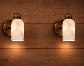 Modern Brass Alabaster Wall Sconce, Mid Century Marble Light, Bedside Reading Lamp