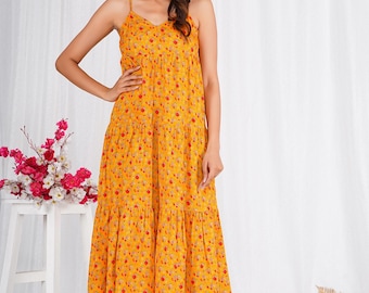Vestido largo amarillo para mujer, escote redondo pequeño, ideal para uso casual y de fiesta…