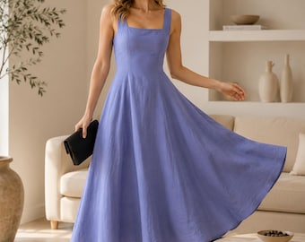Leinenkleid in A-Linie, Midi-Länge, lässiges Sommeroutfit für Damen