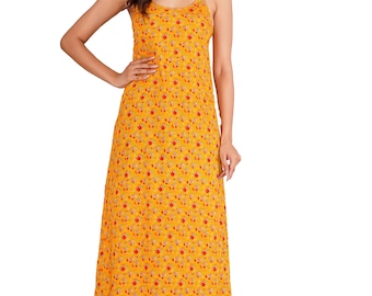 Handmade Cotton Maxi Dress: Yellow Blockprint, Red Floral Bohemian Style