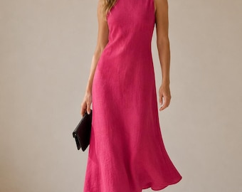 Pink Linen Midi Dress Sleeveless Elegant Evening Party Wear