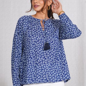 Boho Blue Printed Cotton Top for Women | Long Sleeve Blouse with Adjustable Tassel Neck | Lightweight Casual Ethnic Top