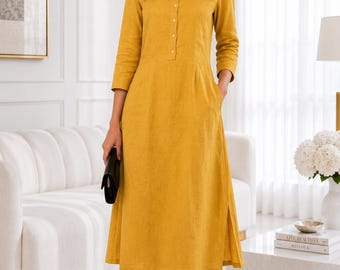Linen Midi Dress Women Front Button Dress 3/4 Sleeve A Line Summer wear