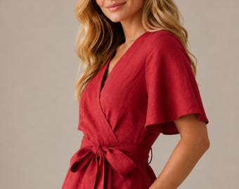 Linen Wrap Blouse Women Tie Waist Top Summer Casual Top Occasion Wear