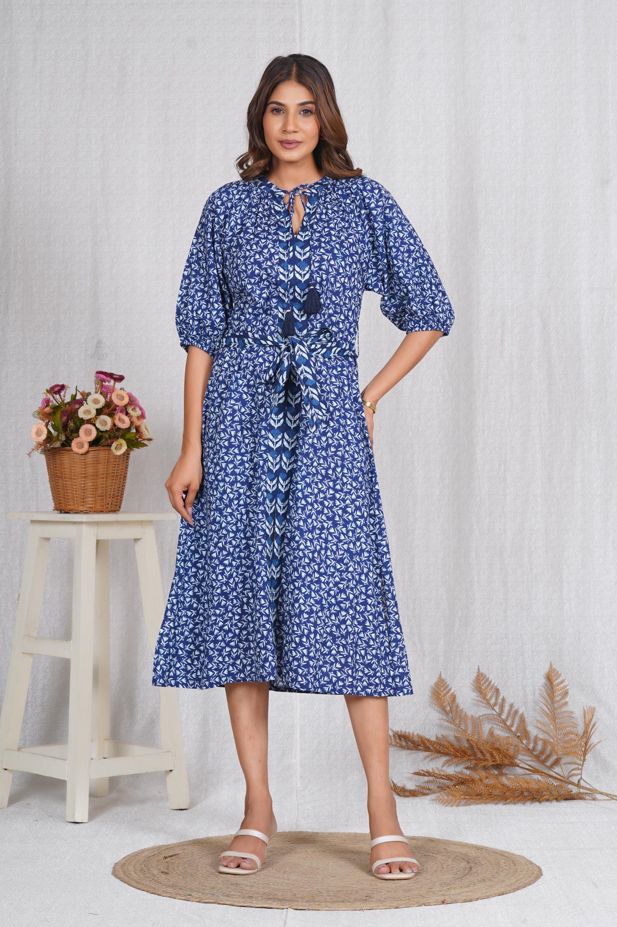 artisanal blue midi dress Handmade Cotton | Waist Tie, Neck Tassels Linen dresses
