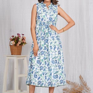 Hand Block Printed Cotton Maxi Dress – Sleeveless Floral Summer Dress with Waist Tie - for Casual & Partywear