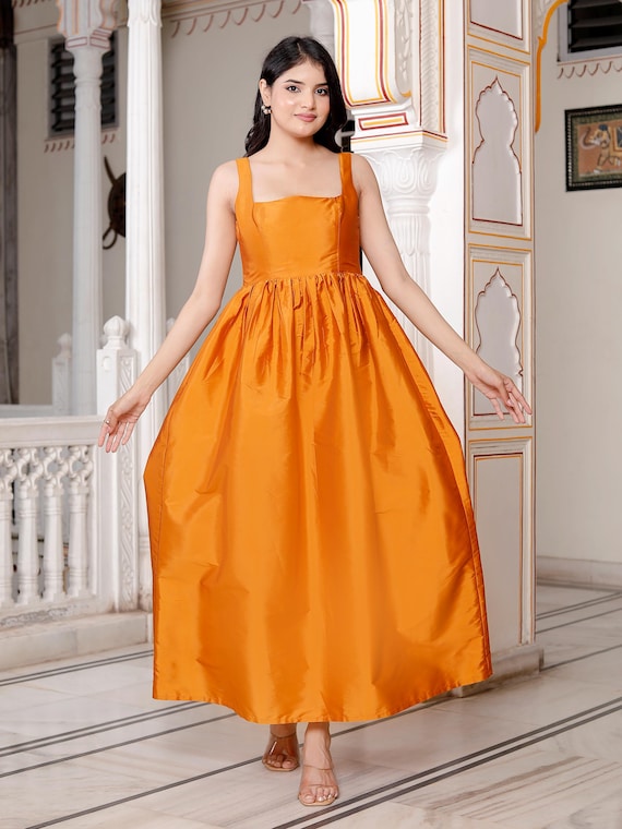 Women's Orange Square Neck Long Dress Sleeveless Spaghetti Strap Dress With  Hidden Zip - Etsy New Zealand