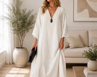 White Linen Kaftan Dress Women Maxi Oversized Beach Cover Up Resort Wear