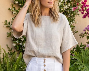 Linen Loose Fit Top for Women, Minimalist Round Neck Shirt, Relaxed Summer Linen