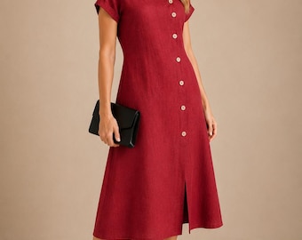 Burgundy Linen Midi Dress Women Casual Summer Wear Office Outfit