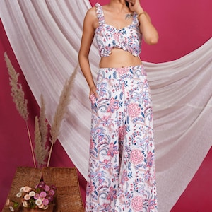 Women’s Handblock Printed Cotton Co-ord Set Ruffle Strap Crop Top & Wide-Leg Pants Boho Summer Two-Piece Set Outfit Beachwear