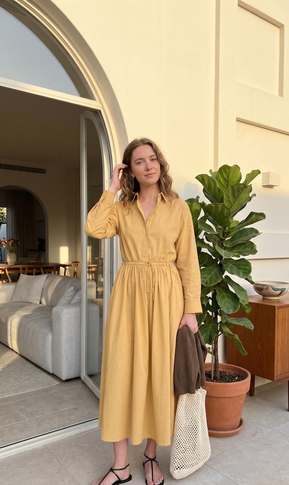 cotton button down shirt dress Linen for Women, Relaxed Fit Midi Dress, Long Sleeve long sleeves Color:Mystic Purple spring polka dot mini dress Long dress Whistles Phoebe Leather Shirt