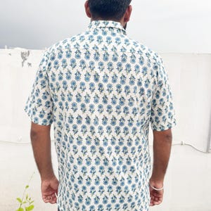 Men’s Blue Floral Hand Block Print Cotton Shirt | Handmade Indian Summer Shirt | Half Sleeve Button Down | Boho Ethnic Gift for Him