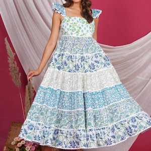6 Hand Block Printed Cotton Tiered Dress Multicolor Flared Maxi Dress with Shoulder Frill Boho Summer Outfit