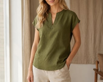 Blouse en lin décontractée, tenue minimaliste et tendance pour l'été au quotidien