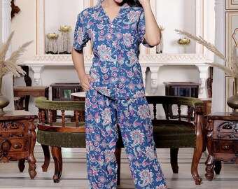 Handmade Cotton Block Print Pajama Set – Women’s Blue Sleepwear Loungewear