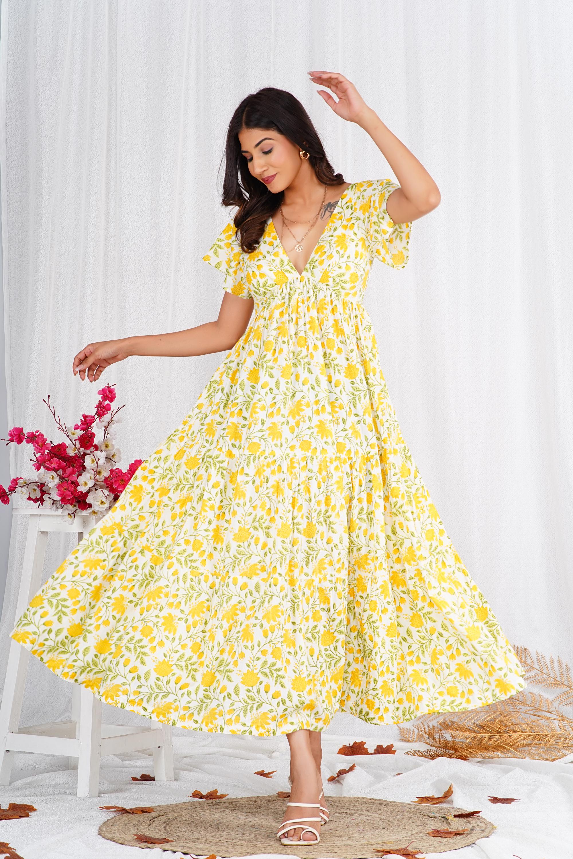 Handmade Yellow Floral Maxi Dress - Block Print Cotton Boho Summer Dress Handmade Yellow Floral Maxi Dress - Block Print Cotton Boho Summer Dress