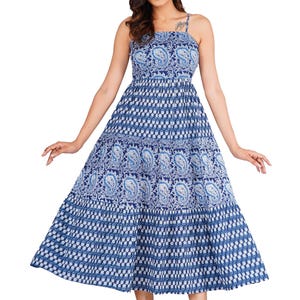 Women&#39;s Blockprint Cotton Maxi Dress in Blue Paisley with Smocked Bodice Floral dress for Casual & Partywear