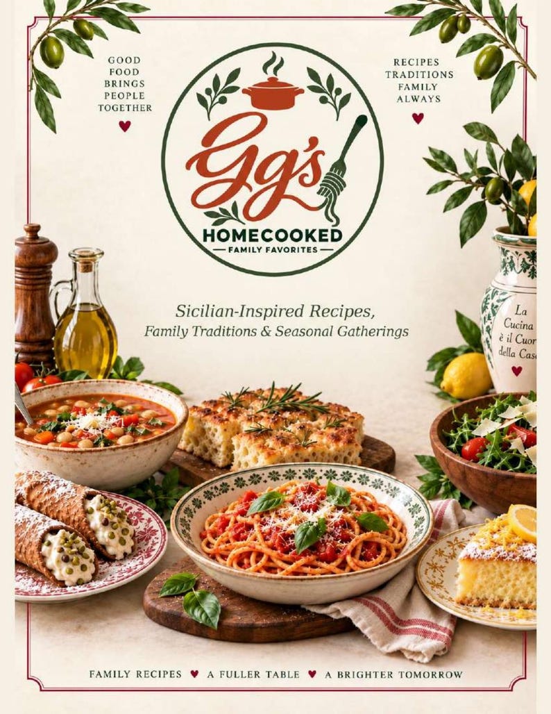 May include: A cookbook cover titled Gg's Homecooked Family Favorites featuring Sicilian-Inspired Recipes, Family Traditions & Seasonal Gatherings. The image displays a spread of pasta, soup, focaccia, cannoli, salad, and cake.