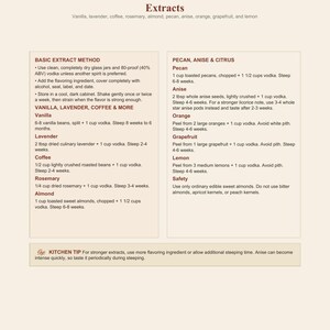 May include: A printed page titled Extracts featuring a basic extract method and recipes for vanilla, lavender, coffee, rosemary, almond, pecan, anise, orange, grapefruit, and lemon. The text includes specific ingredient measurements in cups and tablespoons.