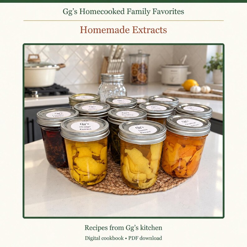 May include: A collection of glass mason jars filled with homemade extracts, each topped with a silver metal lid and a white label reading Gg's. The jars contain various ingredients like citrus peels and herbs, arranged on a round woven mat.