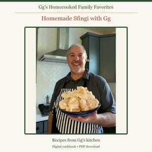 May include: A digital cookbook titled Gg's Homecooked Family Favorites and Homemade Sfingi with Gg. The cover features a person wearing a black and white striped apron holding a blue bowl filled with golden-brown fried dough pastries.