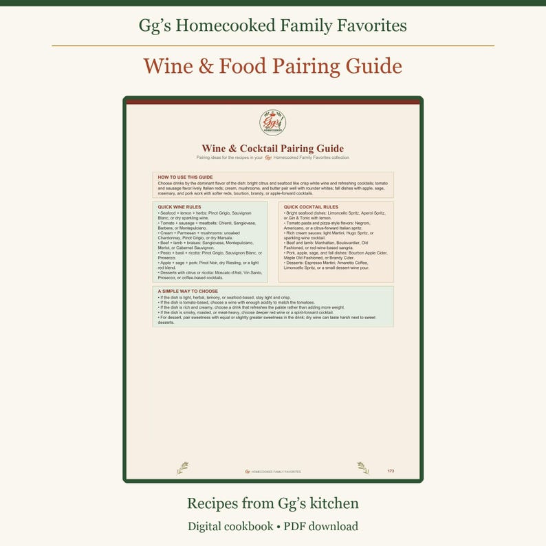 May include: A digital Wine & Food Pairing Guide page titled Gg's Homecooked Family Favorites. The document features sections for Quick Wine Rules and Quick Cocktail Rules, providing pairing suggestions for various ingredients and dishes.